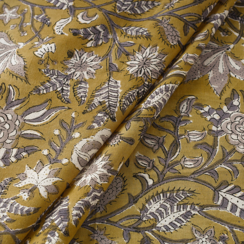 Yellow - Floral Sanganeri Block Print Cotton Fabric 09