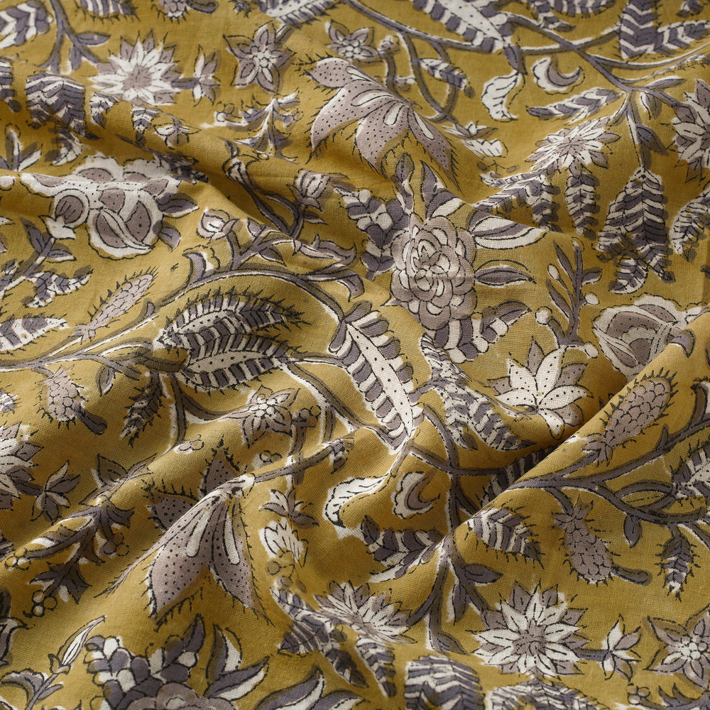 Yellow - Floral Sanganeri Block Print Cotton Fabric 09