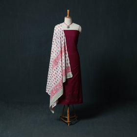Maroon - Jacquard Woven 2pc Cotton Unstitched Dress Material Kurta Set with Jewellery 01