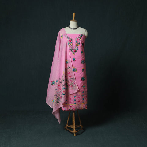 Pink - Hand Embroidered Cotton 3pc Unstitched Dress Material 55