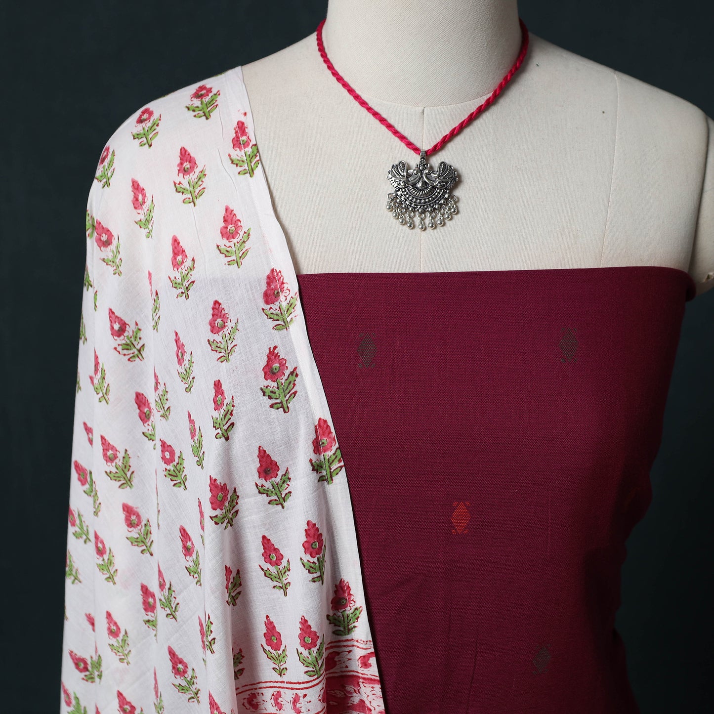 Maroon - Jacquard Woven 2pc Cotton Unstitched Dress Material Kurta Set with Jewellery 01