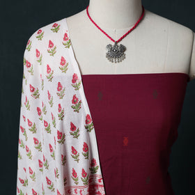 Maroon - Jacquard Woven 2pc Cotton Unstitched Dress Material Kurta Set with Jewellery 01