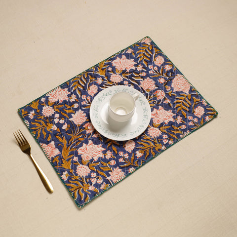  Blue Hand Embroidered Floral Cotton Reversible Table Mat