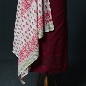 Maroon - Jacquard Woven 2pc Cotton Unstitched Dress Material Kurta Set with Jewellery 01