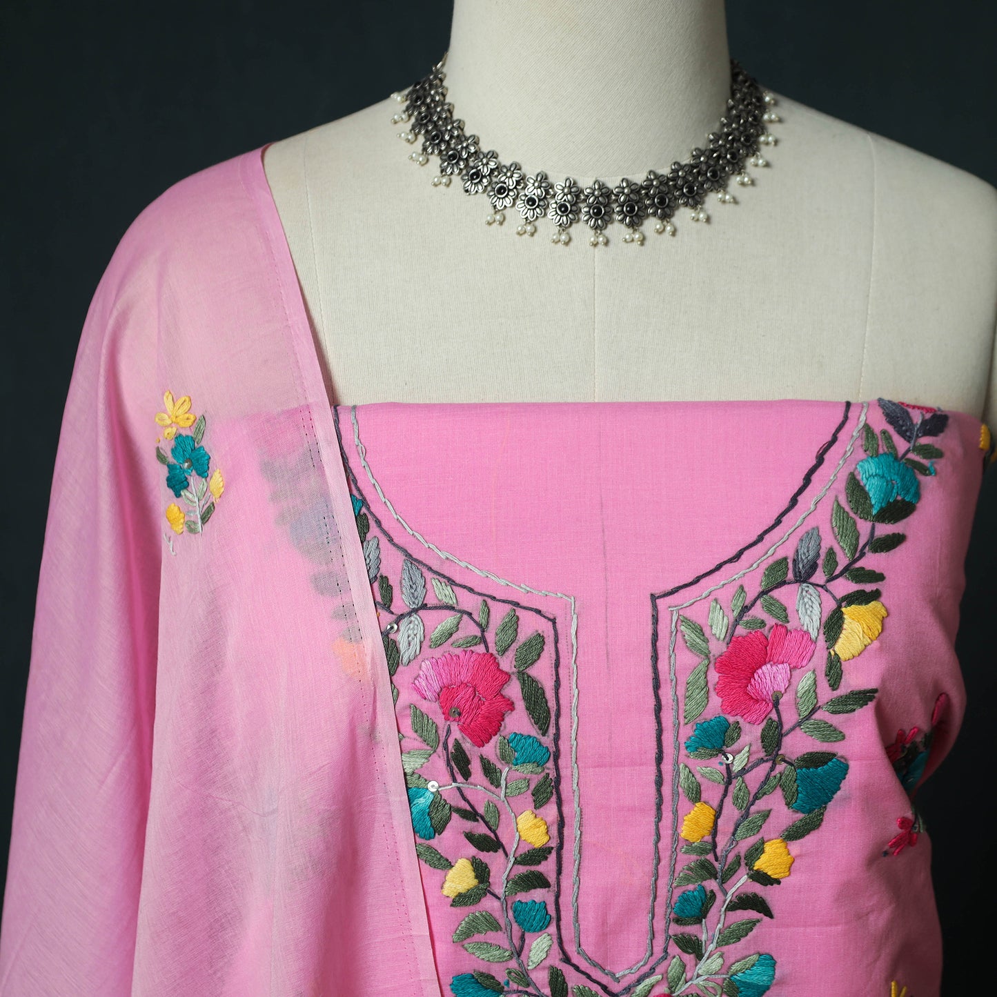 Pink - Hand Embroidered Cotton 3pc Unstitched Dress Material 55