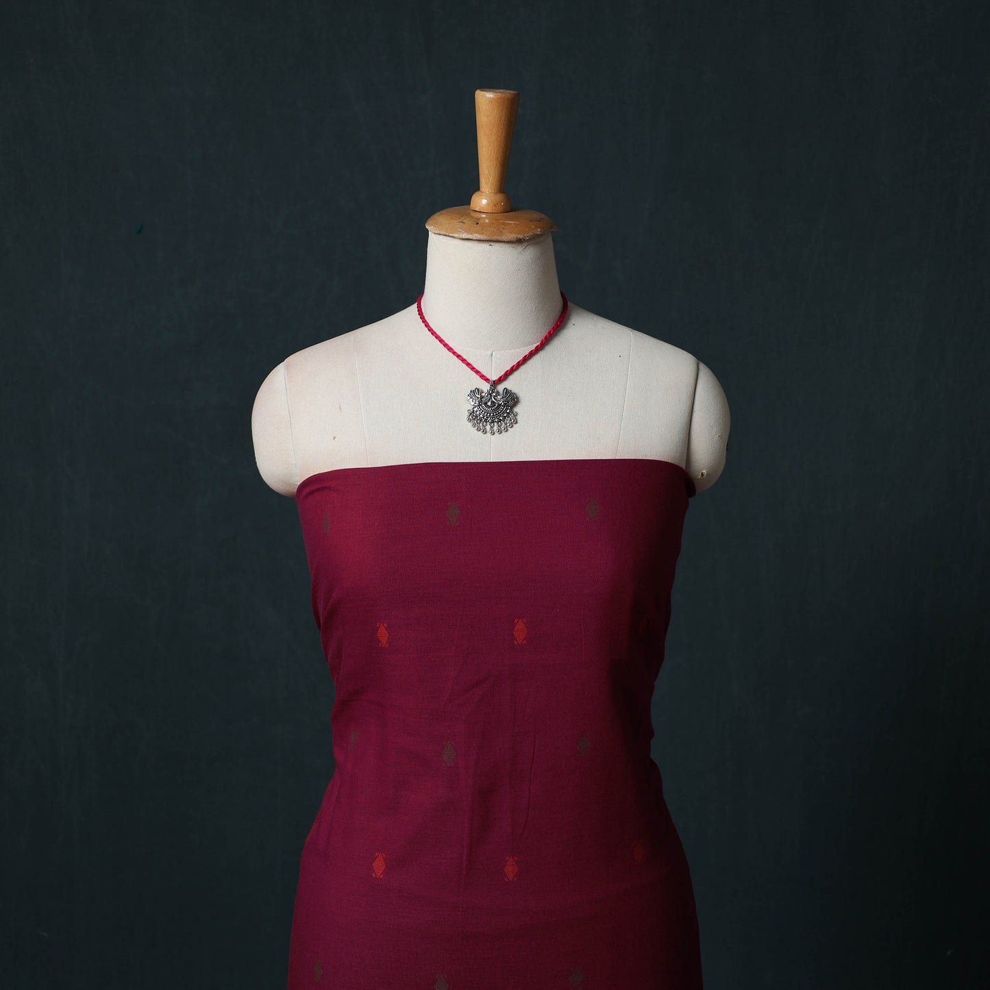 Maroon - Jacquard Woven 2pc Cotton Unstitched Dress Material Kurta Set with Jewellery 01