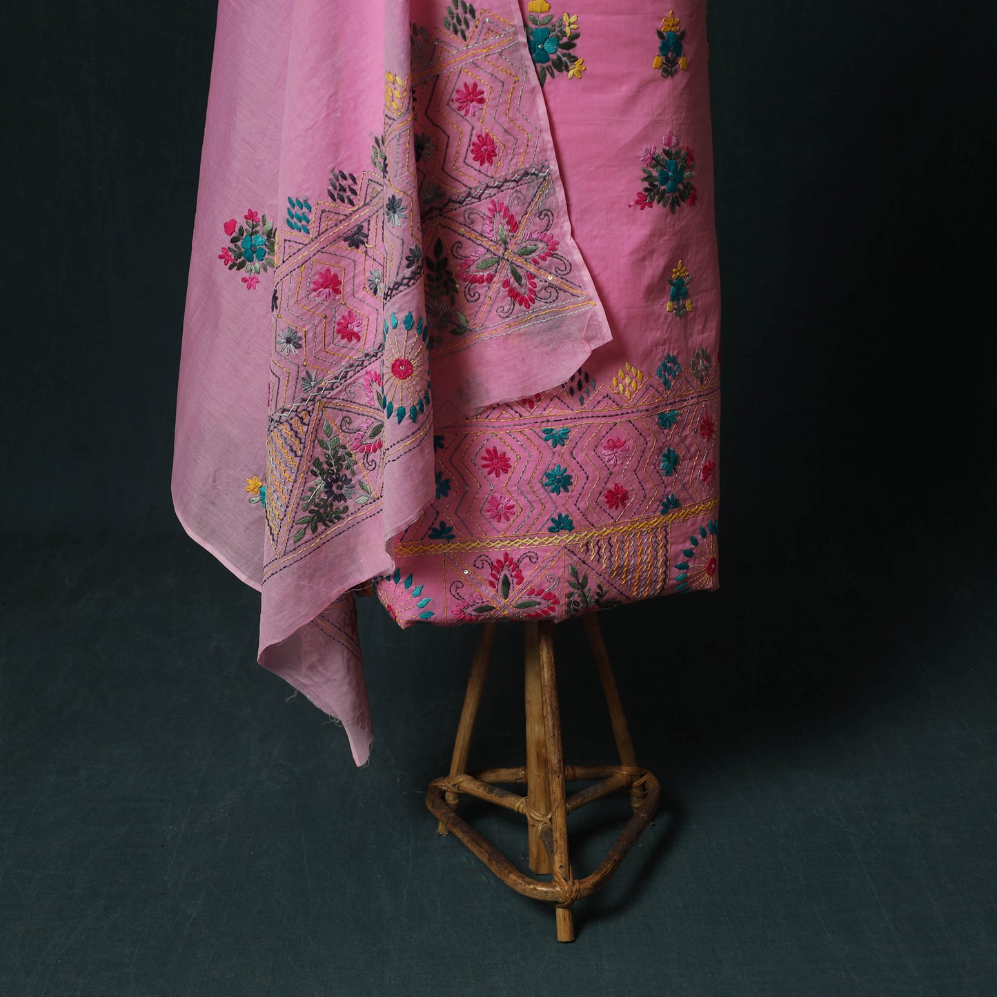 Pink - Hand Embroidered Cotton 3pc Unstitched Dress Material 55