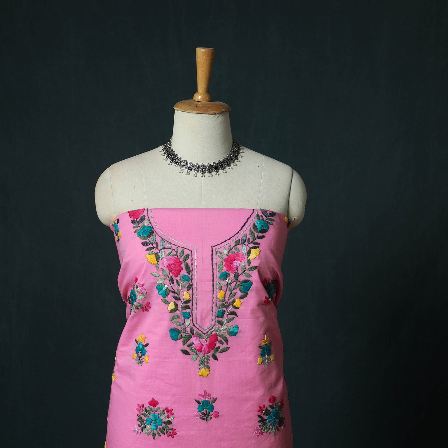 Pink - Hand Embroidered Cotton 3pc Unstitched Dress Material 55