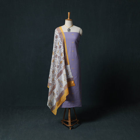 Purple - Jacquard Woven 2pc Cotton Unstitched Dress Material Kurta Set with Jewellery 02