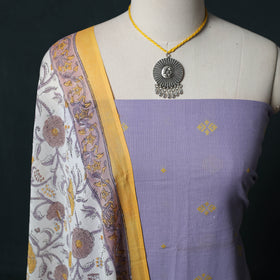Purple - Jacquard Woven 2pc Cotton Unstitched Dress Material Kurta Set with Jewellery 02