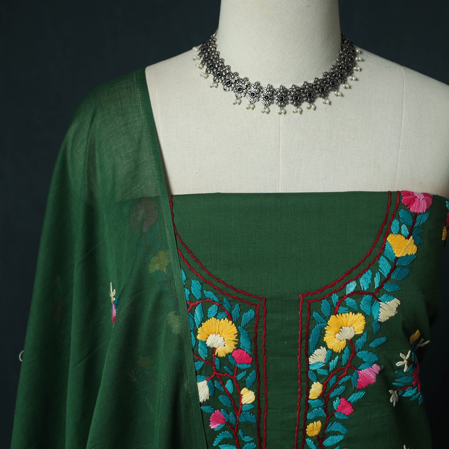 Green - Hand Embroidered Cotton 3pc Unstitched Dress Material 56