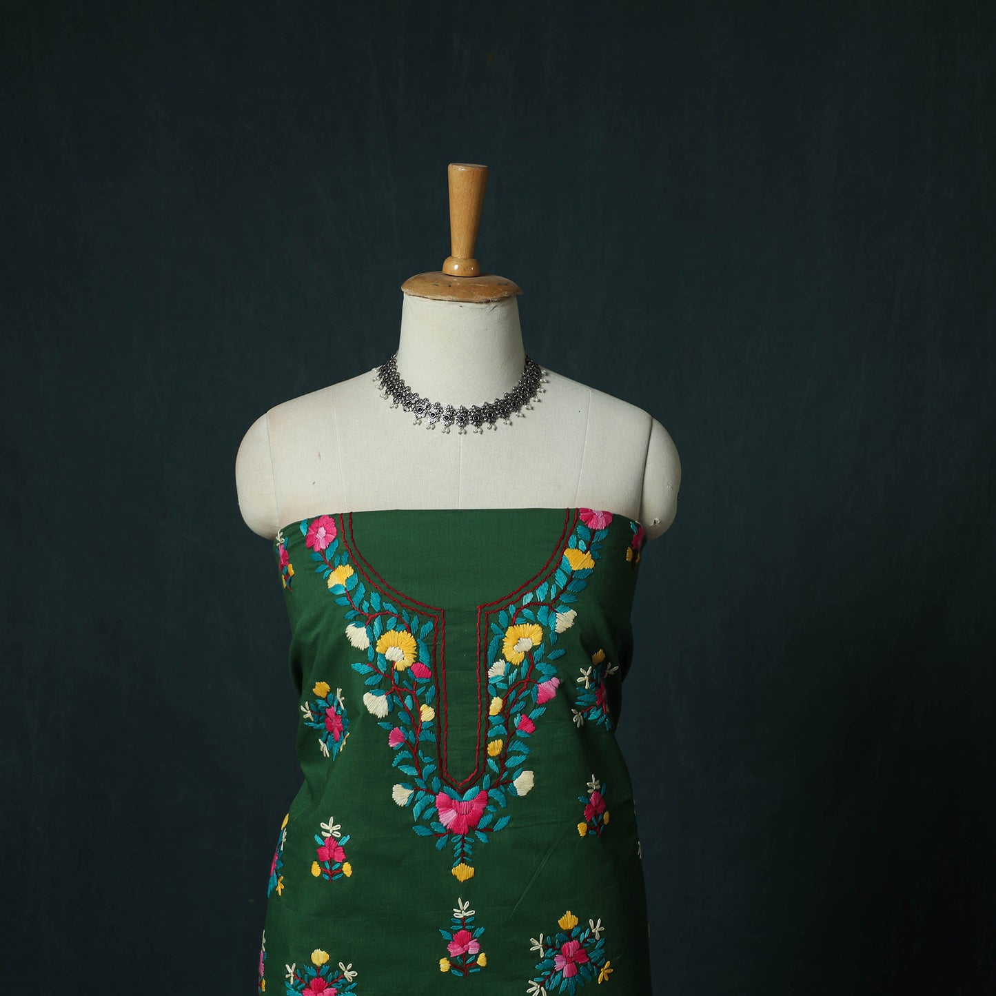 Green - Hand Embroidered Cotton 3pc Unstitched Dress Material 56