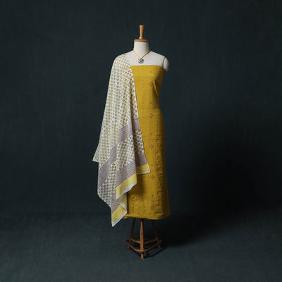 Yellow - Jacquard Woven 2pc Cotton Unstitched Dress Material Kurta Set with Jewellery 03
