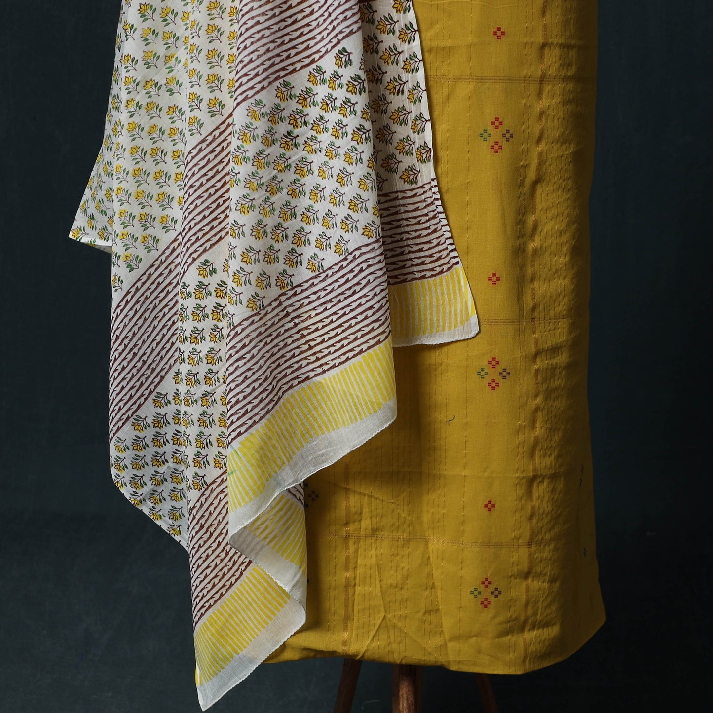 Yellow - Jacquard Woven 2pc Cotton Unstitched Dress Material Kurta Set with Jewellery 03