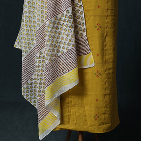 Yellow - Jacquard Woven 2pc Cotton Unstitched Dress Material Kurta Set with Jewellery 03
