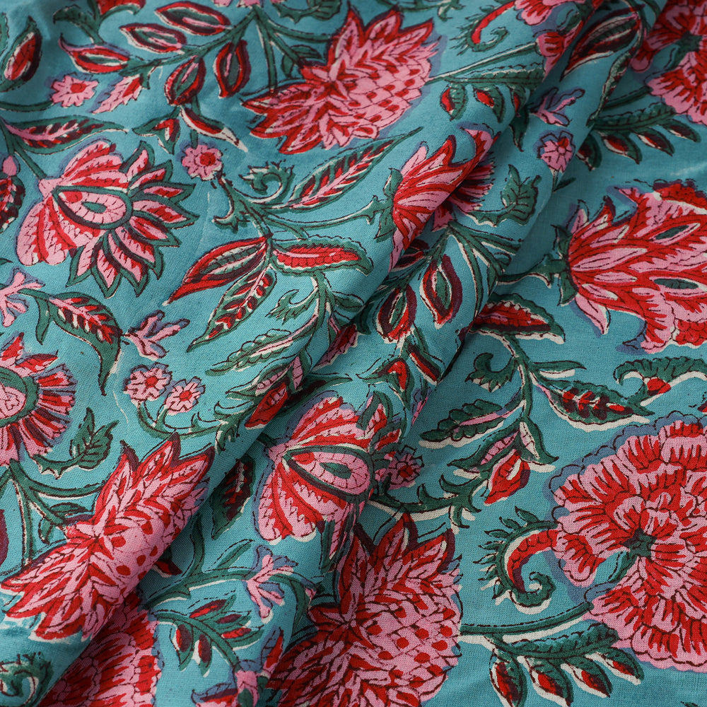 Green - Floral Sanganeri Block Print Cotton Fabric 17