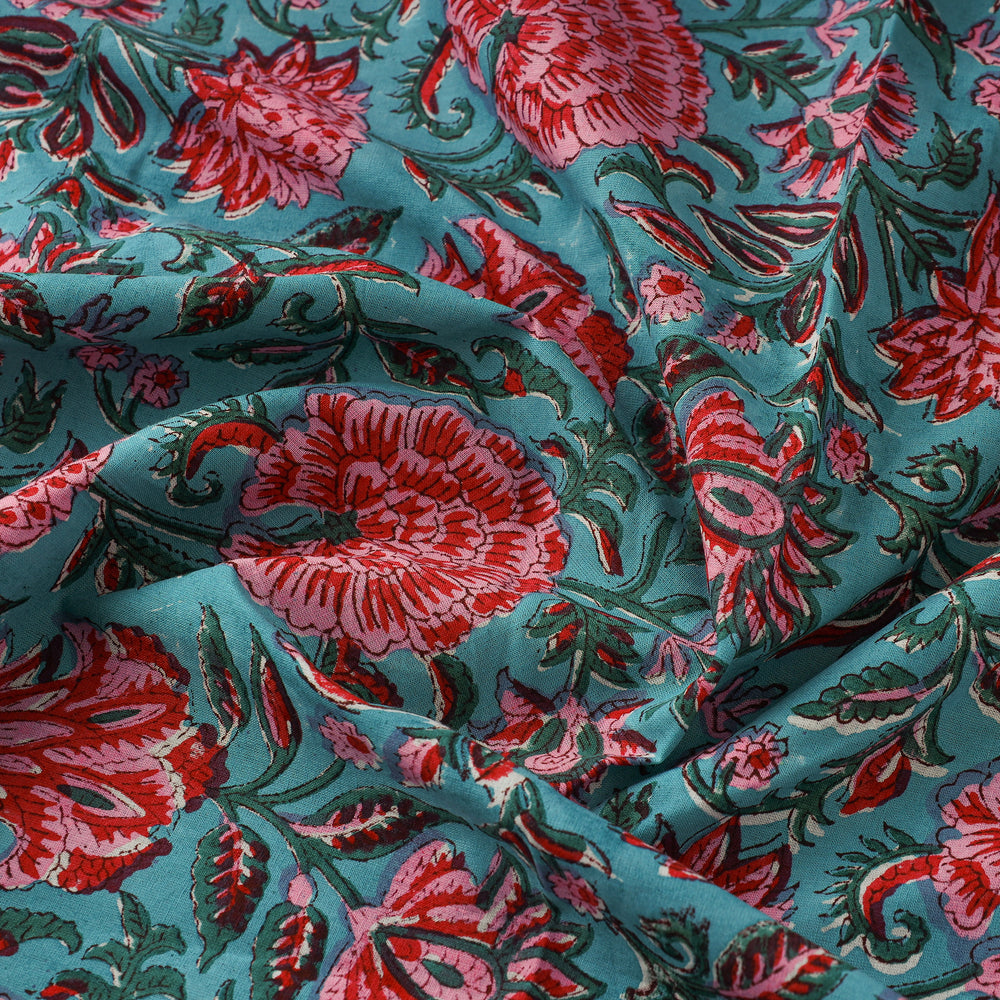 Green - Floral Sanganeri Block Print Cotton Fabric 17