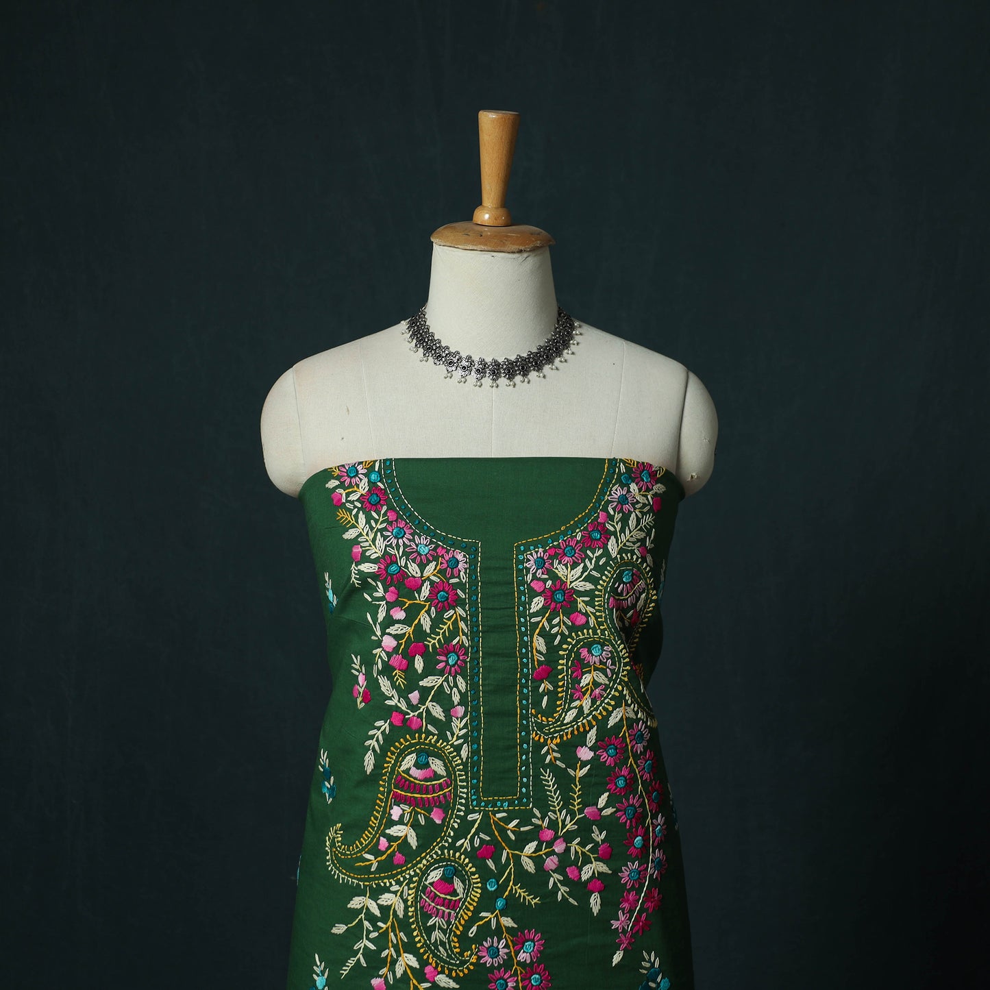 Green - Hand Embroidered Cotton 3pc Unstitched Dress Material 57