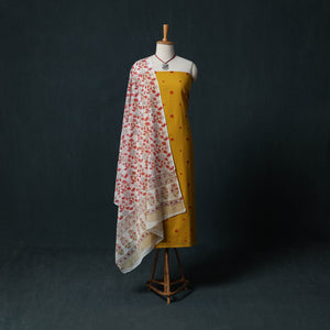 Yellow - Jacquard Woven 2pc Cotton Unstitched Dress Material Kurta Set with Jewellery 04