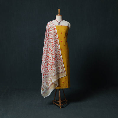 Yellow - Jacquard Woven 2pc Cotton Unstitched Dress Material Kurta Set with Jewellery 04