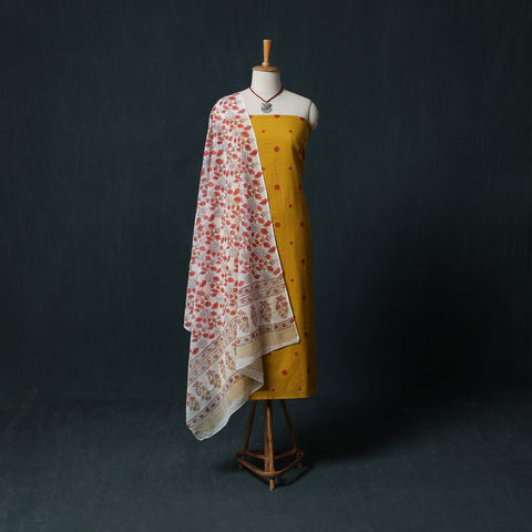 Yellow - Jacquard Woven 2pc Cotton Unstitched Dress Material Kurta Set with Jewellery 04