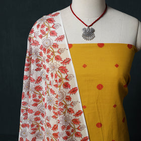 Yellow - Jacquard Woven 2pc Cotton Unstitched Dress Material Kurta Set with Jewellery 04