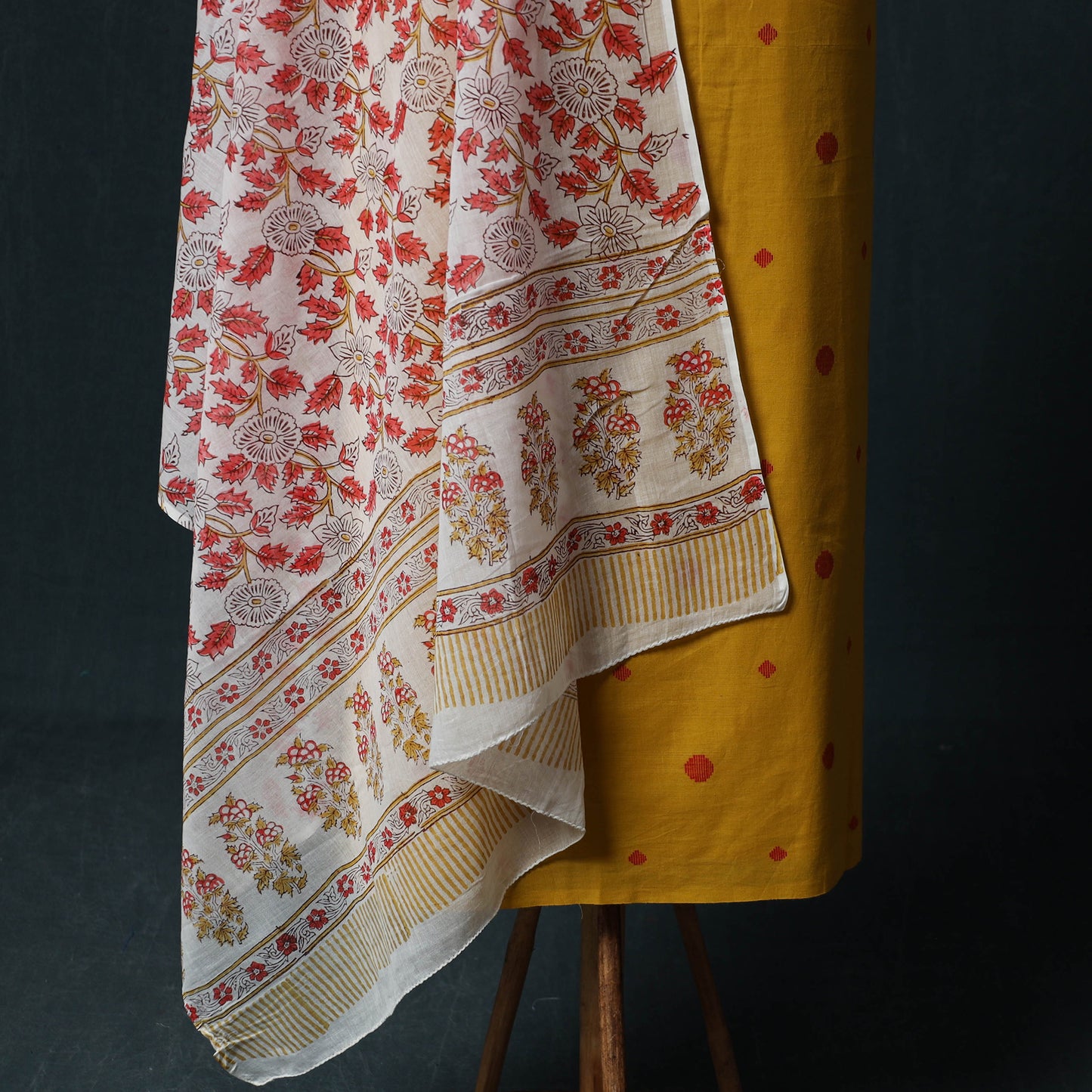 Yellow - Jacquard Woven 2pc Cotton Unstitched Dress Material Kurta Set with Jewellery 04