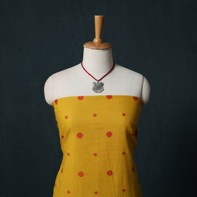 Yellow - Jacquard Woven 2pc Cotton Unstitched Dress Material Kurta Set with Jewellery 04