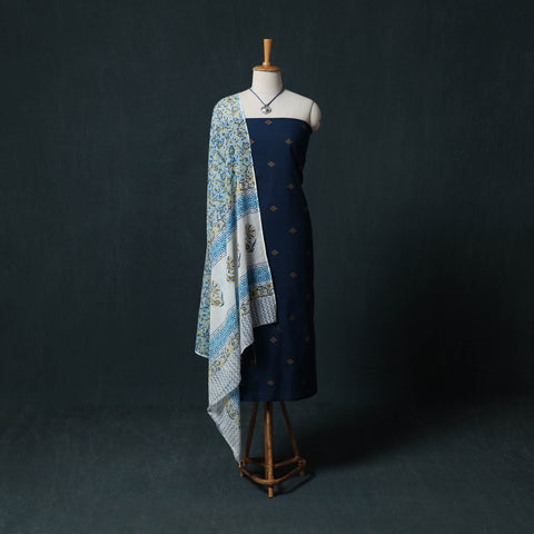 Blue - Jacquard Woven 2pc Cotton Unstitched Dress Material Kurta Set with Jewellery 05