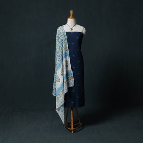 Blue - Jacquard Woven 2pc Cotton Unstitched Dress Material Kurta Set with Jewellery 05