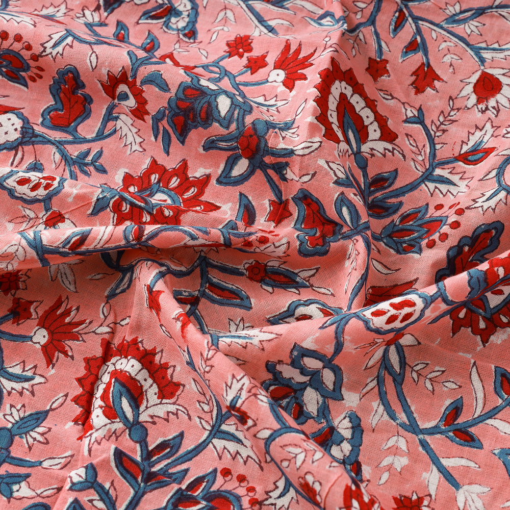 Pink - Floral Sanganeri Block Print Cotton Fabric 21