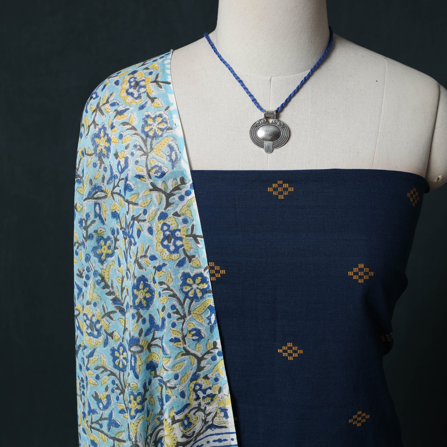 Blue - Jacquard Woven 2pc Cotton Unstitched Dress Material Kurta Set with Jewellery 05