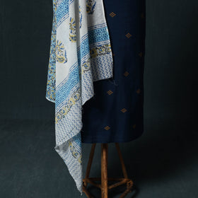 Blue - Jacquard Woven 2pc Cotton Unstitched Dress Material Kurta Set with Jewellery 05