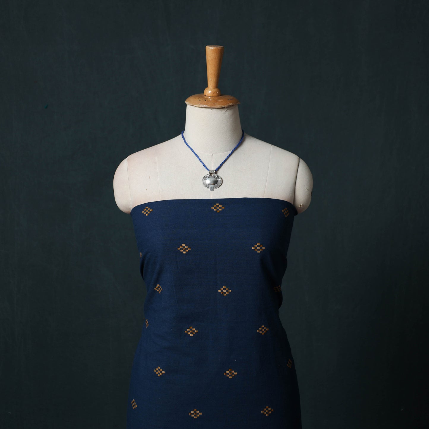 Blue - Jacquard Woven 2pc Cotton Unstitched Dress Material Kurta Set with Jewellery 05