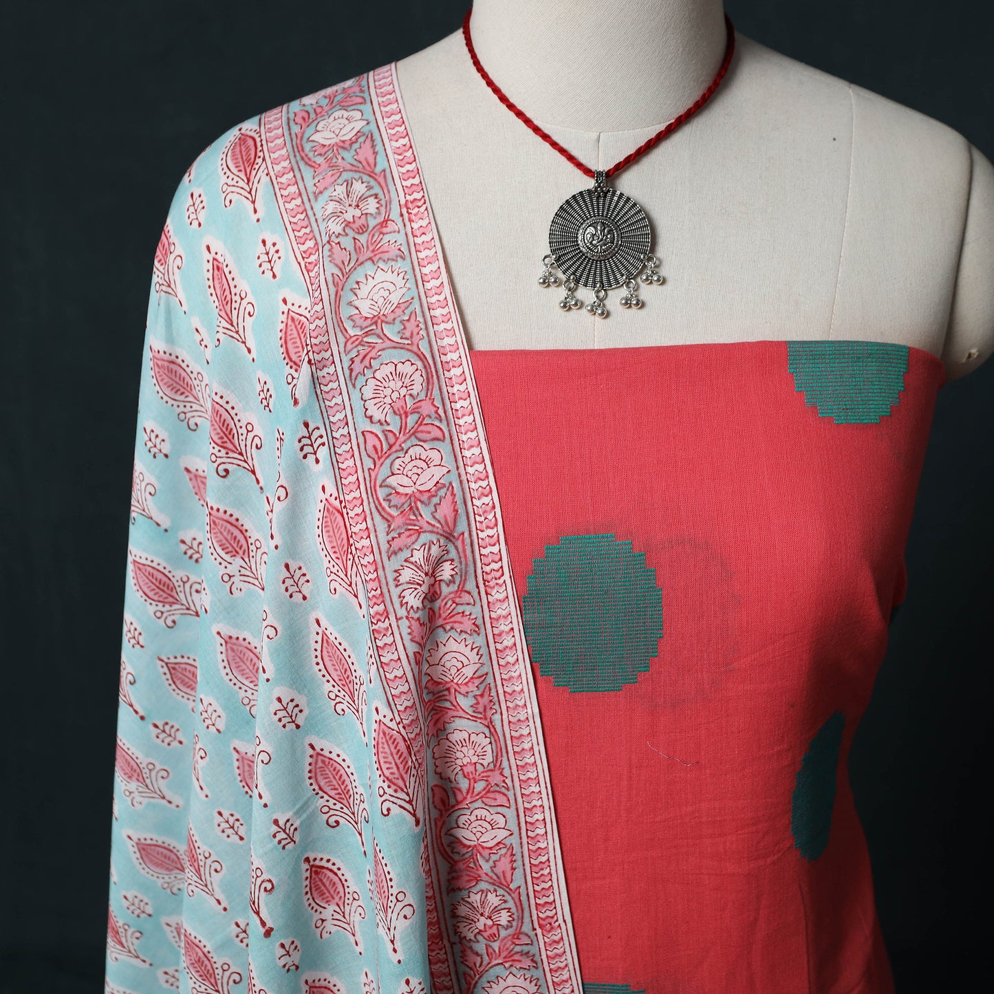Pink - Jacquard Woven 2pc Cotton Unstitched Dress Material Kurta Set with Jewellery 06