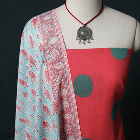 Pink - Jacquard Woven 2pc Cotton Unstitched Dress Material Kurta Set with Jewellery 06