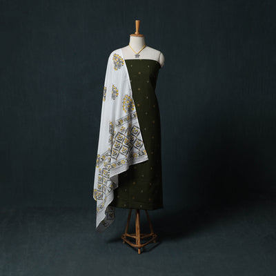 Green - Jacquard Woven 2pc Cotton Unstitched Dress Material Kurta Set with Jewellery 07