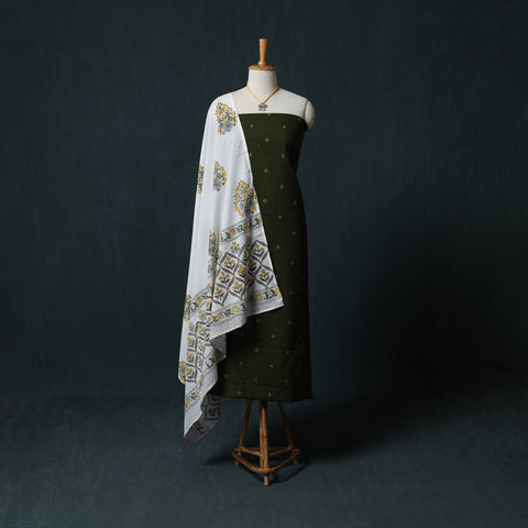 Green - Jacquard Woven 2pc Cotton Unstitched Dress Material Kurta Set with Jewellery 07