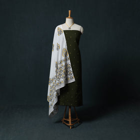 Green - Jacquard Woven 2pc Cotton Unstitched Dress Material Kurta Set with Jewellery 07