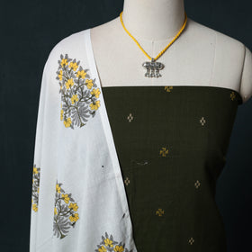 Green - Jacquard Woven 2pc Cotton Unstitched Dress Material Kurta Set with Jewellery 07