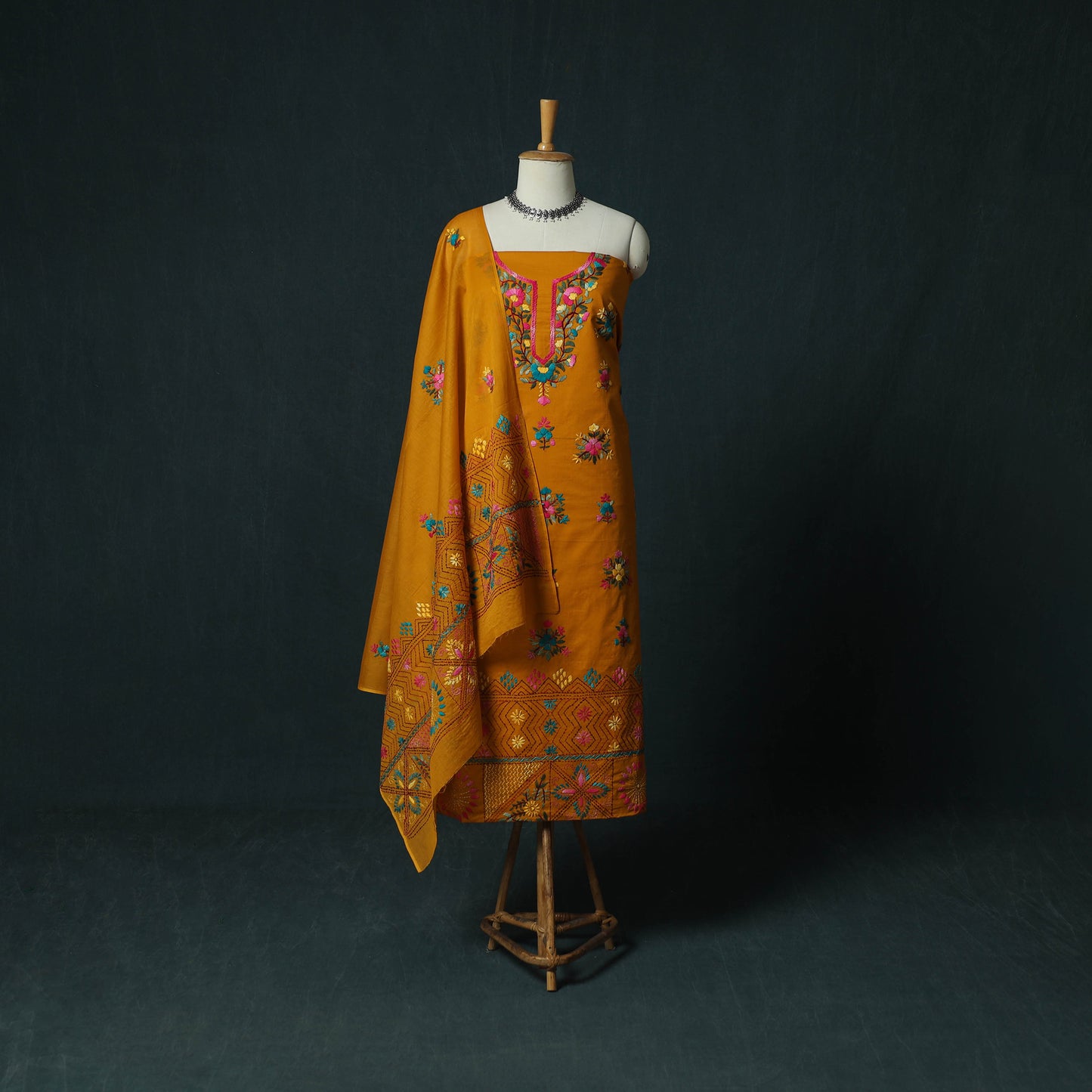 Orange - Hand Embroidered Cotton 3pc Unstitched Dress Material 61