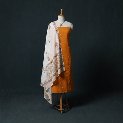 Yellow - Jacquard Woven 2pc Cotton Unstitched Dress Material Kurta Set with Jewellery 08