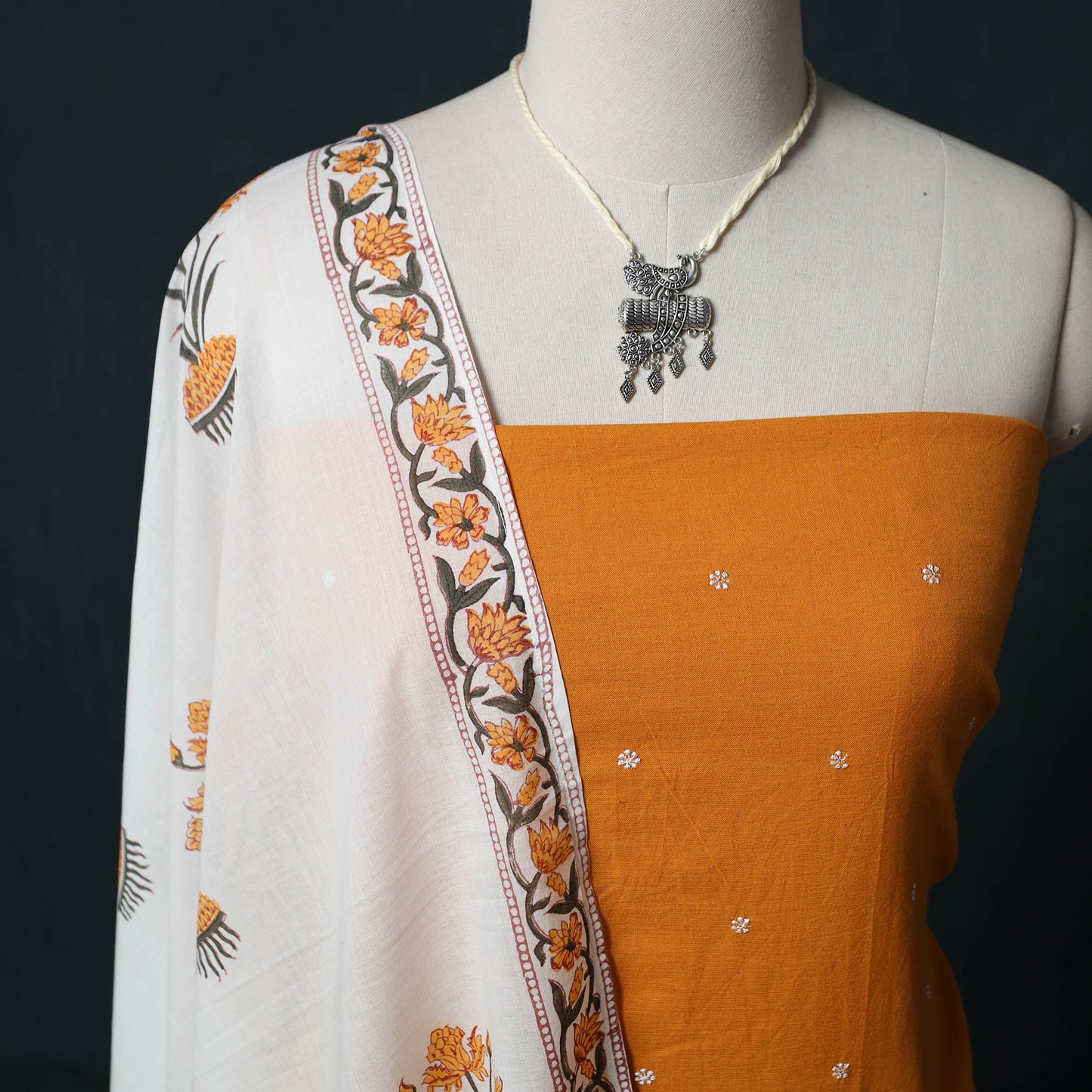 Yellow - Jacquard Woven 2pc Cotton Unstitched Dress Material Kurta Set with Jewellery 08