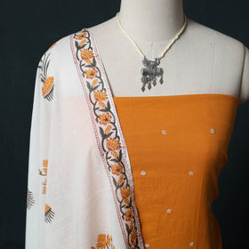 Yellow - Jacquard Woven 2pc Cotton Unstitched Dress Material Kurta Set with Jewellery 08
