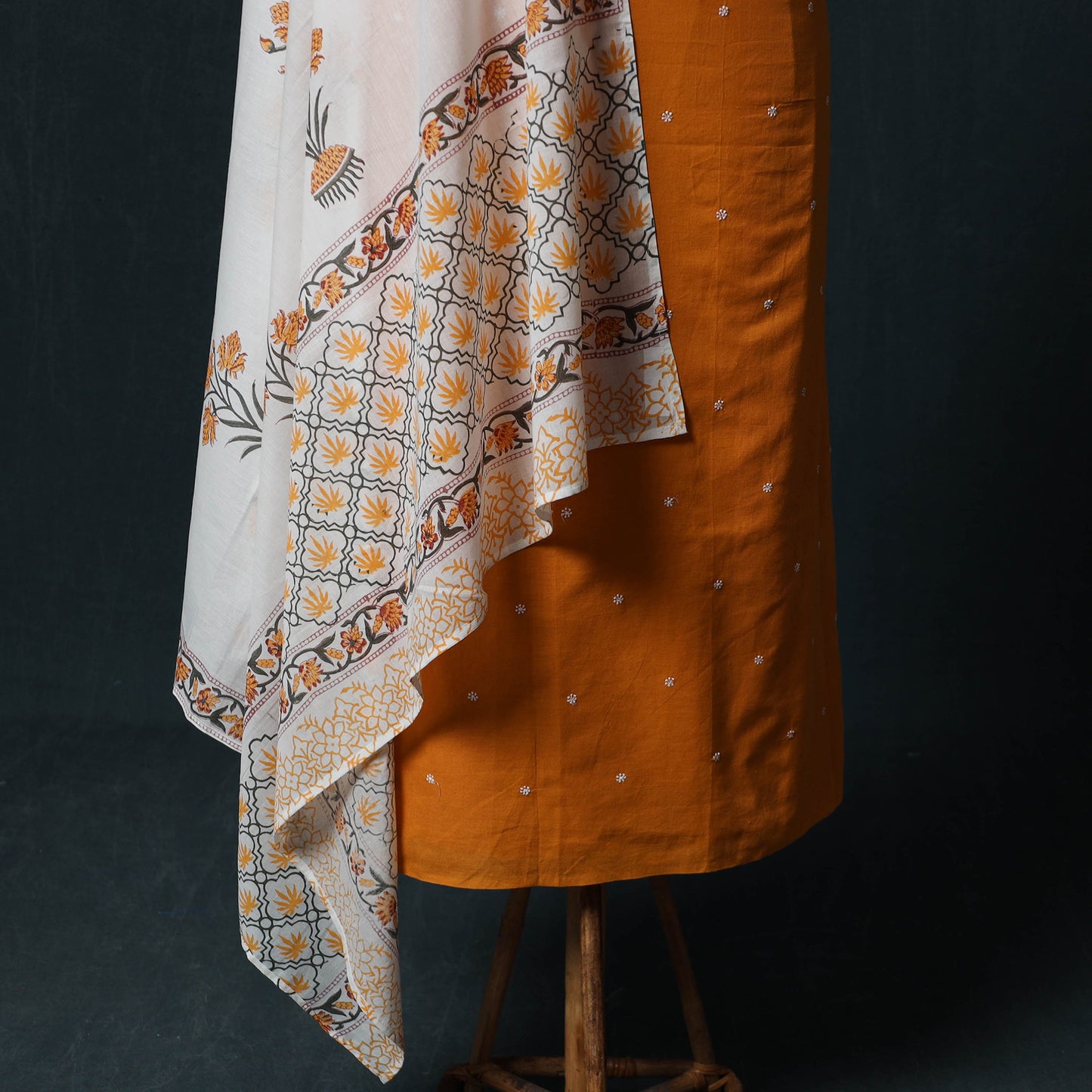 Yellow - Jacquard Woven 2pc Cotton Unstitched Dress Material Kurta Set with Jewellery 08
