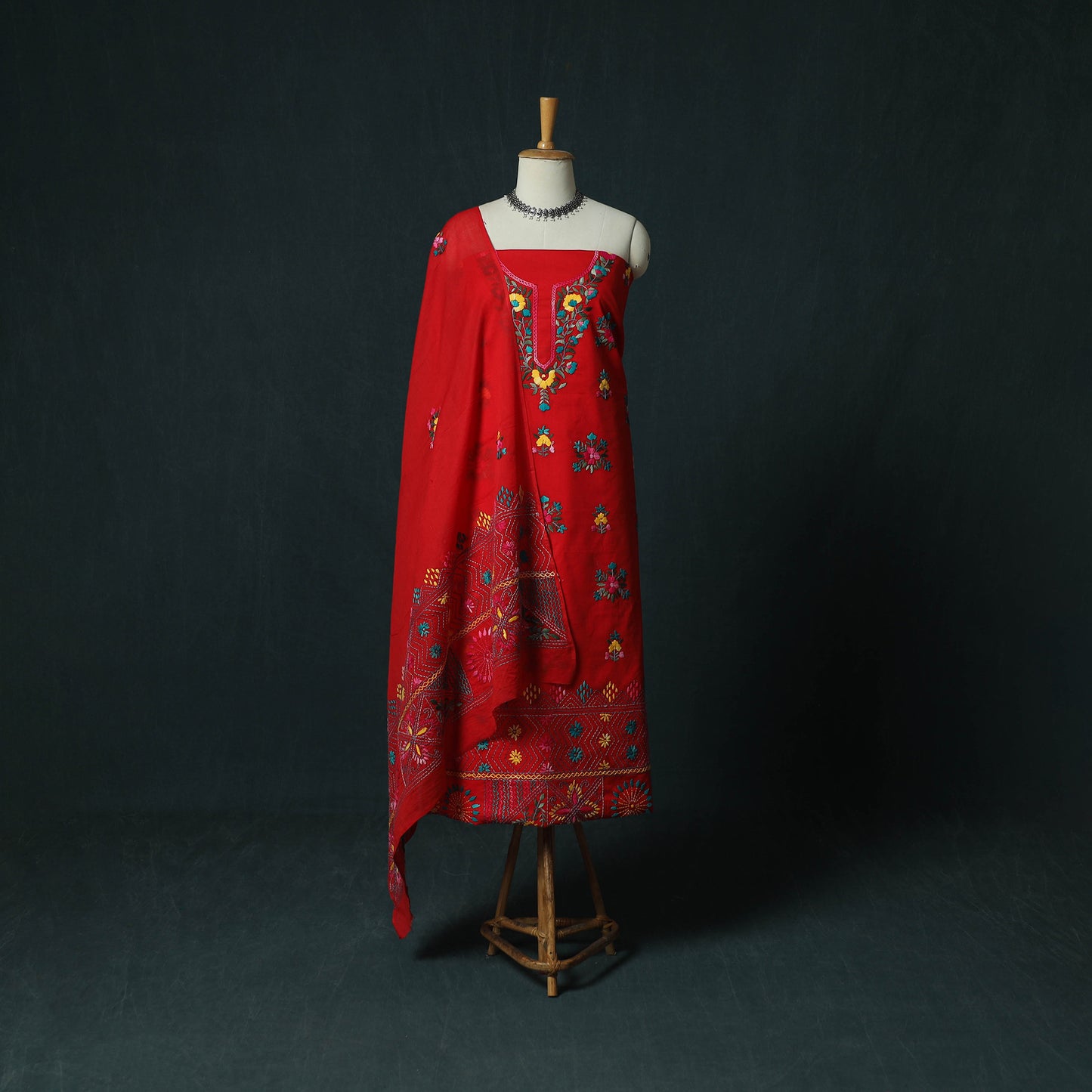 Red - Hand Embroidered Cotton 3pc Unstitched Dress Material 62