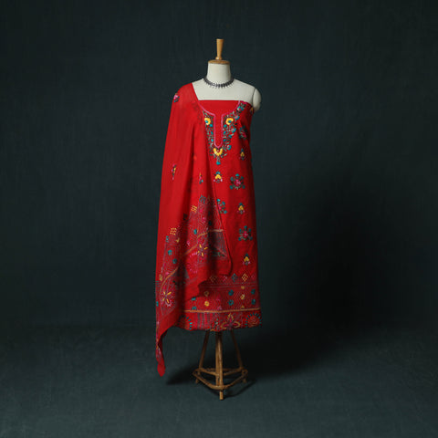 Red - Hand Embroidered Cotton 3pc Unstitched Dress Material 62