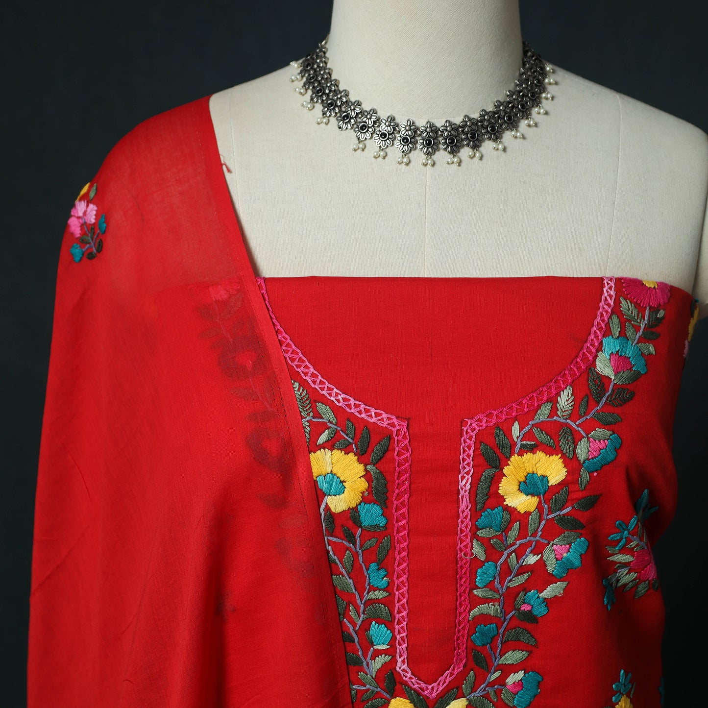 Red - Hand Embroidered Cotton 3pc Unstitched Dress Material 62