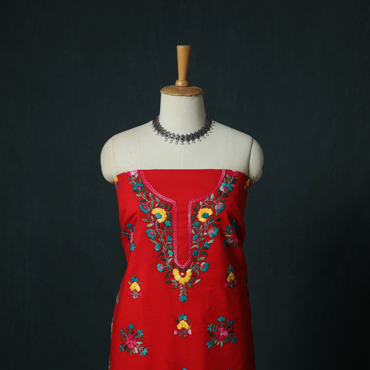 Red - Hand Embroidered Cotton 3pc Unstitched Dress Material 62