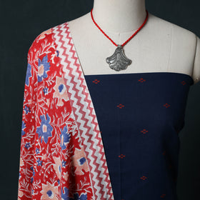 Blue - Jacquard Woven 2pc Cotton Unstitched Dress Material Kurta Set with Jewellery 09